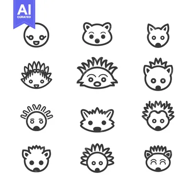 Premium design asset: Nine Variations of a Cartoon Hedgehog Face with Different Expressions