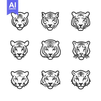 Aset desain premium: Nine Variations of a Tiger Head in Black Outline