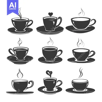 Aset desain premium: Nine Vintage Black and White Illustrations of Coffee Cups with Steam