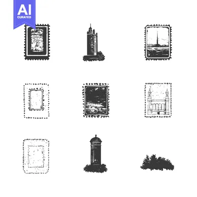 Aset premium populer: Nine Vintage Postage Stamps with Black and White Images