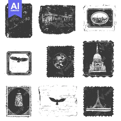 Premium design asset: Nine Vintage Postage Stamps with Images of Birds, Buildings, and Lands