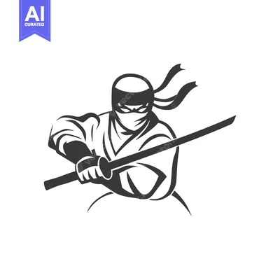 A black and white illustration of a masked ninja with a sword