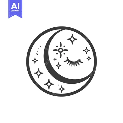 Aset desain premium: A graphic illustration of a crescent moon with closed eye and stars