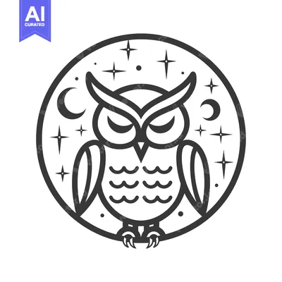 Aset desain premium: A stylized monochrome image of an owl in a circular design