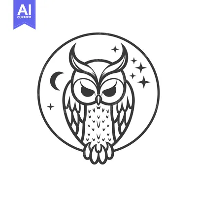Aset desain premium: A stylized black and white illustration featuring an owl and night ele