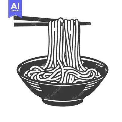 Bowl of noodles being lifted by black chopsticks illustration