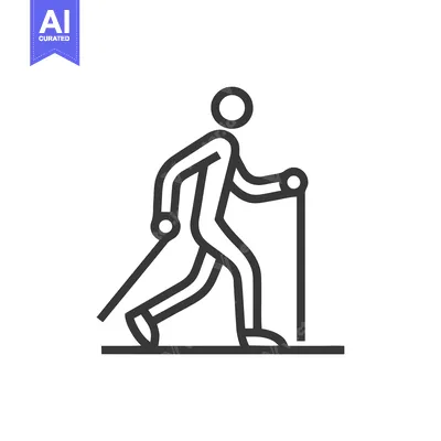 Aset desain premium: Minimalist Line Art: Nordic Walking Figure with Poles on White Backgro