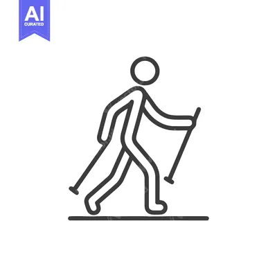 Minimalist Nordic Walking Icon: Linear Figure with Poles on White Back