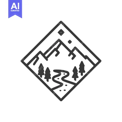 Aset premium populer: Minimalist Mountain Landscape Icon with River and Trees in Diamond Fra
