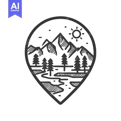 Premium design asset: Mountain Landscape in Pin Shape, Hand-Drawn Style, Black and White