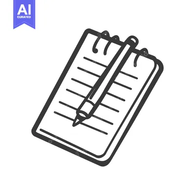 A simple drawing depicts a notebook with an attached pencil