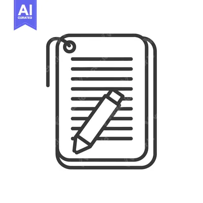 A black and white icon showing a notebook and writing implement