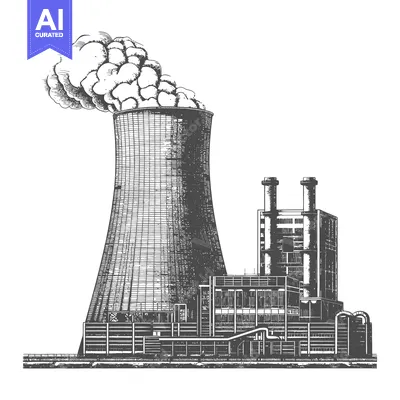 Aset premium populer: A detailed illustrated drawing of an industrial power plant
