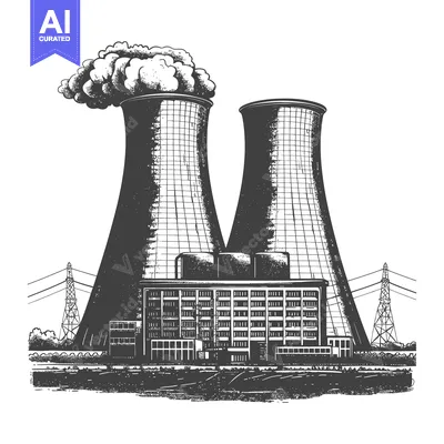 Aset desain premium: A stylized illustration depicts a large power plant complex