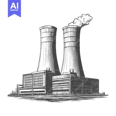 Premium design asset: A detailed monochrome illustration of a power plant facility