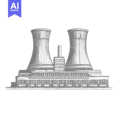 Aset premium populer: An industrial plant with large cooling towers in monochrome art