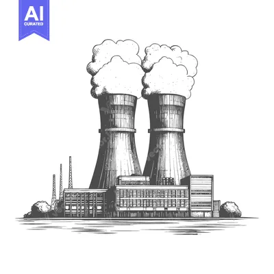Premium design asset: A detailed monochrome illustration of a nuclear power plant