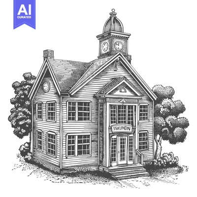 Aset desain premium: A detailed architectural sketch of a classic two story schoolhouse