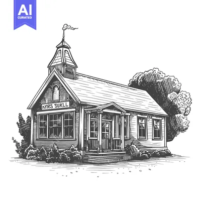 Aset desain premium: A detailed hand drawn illustration of a schoolhouse building