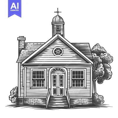 Detailed monochrome drawing showing an old traditional small building