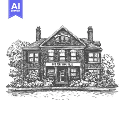 Aset premium populer: Detailed ink illustration of a stately traditional house surrounded by