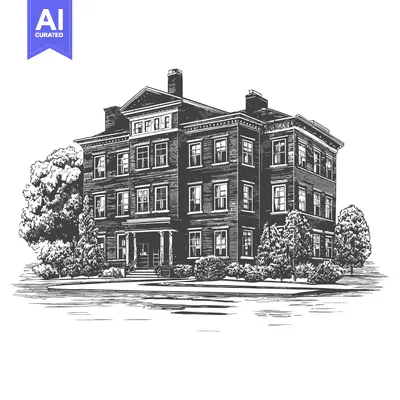 A detailed pen and ink drawing of a grand historic building