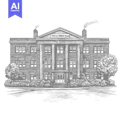 Aset desain premium: A detailed architectural illustration of a grand old building structur