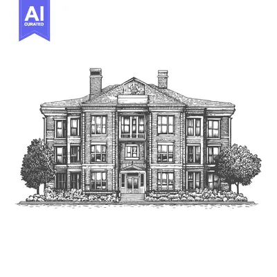 Aset premium populer: An intricate black and white illustration of a large building