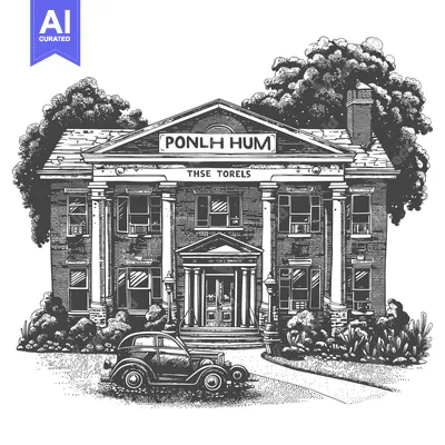 Aset desain premium: A detailed grayscale illustration depicts a classical building and aut
