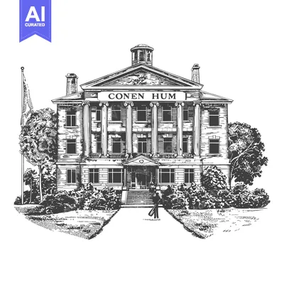 Aset desain premium: Detailed architectural drawing depicts a classical building with trees