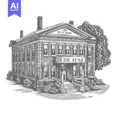 An architectural illustration of a stately brick building with a tree