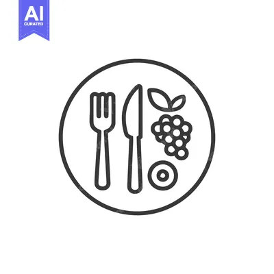 Aset desain premium: Minimalist Plate Icon with Fork, Knife, Grapes, and Leaf