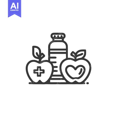Aset premium populer: Health and Wellness Icon: Apples, Medicine Bottle, Line Art