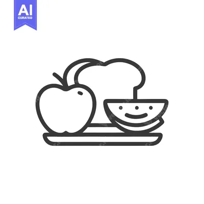 Popular premium asset: Healthy Food Icon: Apple, Chef Hat, Smiling Watermelon on Plate, Line