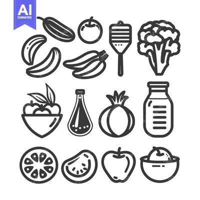 Simple black and white illustrations depicting various fruits and vege
