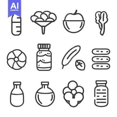 Aset desain premium: Collection of line art icons representing healthy food and ingredients