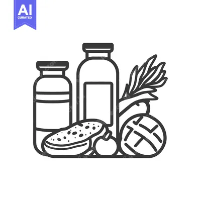 Outline depiction showing several bottles and assorted vegetables toge