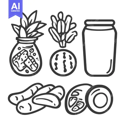 Aset premium populer: Simple line art illustrations depicting various food ingredients and j