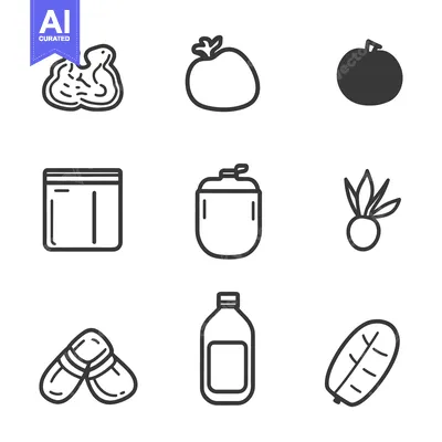 A set of food items and health supplements outlined in black