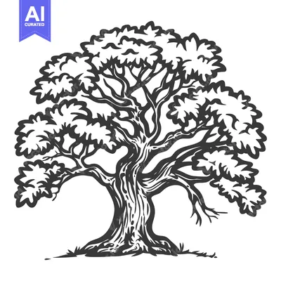 Aset desain premium: Detailed black and white image depicting a robust mature tree