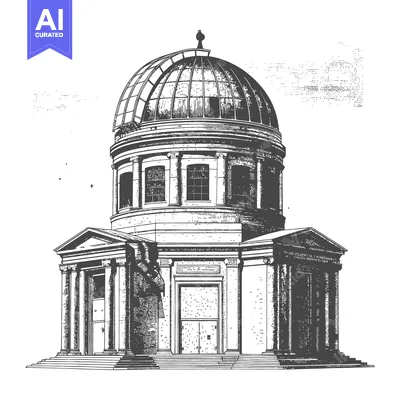 An architectural illustration of a large building with a dome