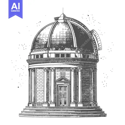 Detailed vintage illustration depicting a domed observatory building i
