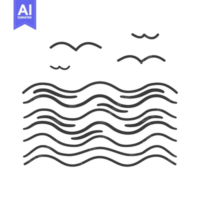 Popular premium asset: Simple line drawing depicts ocean waves and flying birds silhouettes