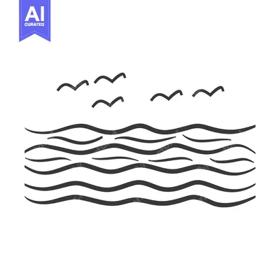 Premium design asset: Black line art illustration of ocean waves and flying birds