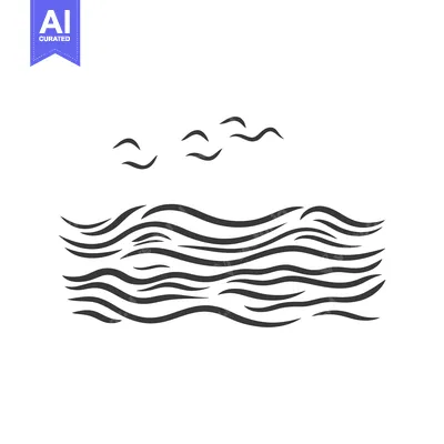 Black line drawing of waves with several flying birds above
