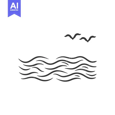 Aset premium populer: Simple monochrome illustration featuring birds flying over ocean waves