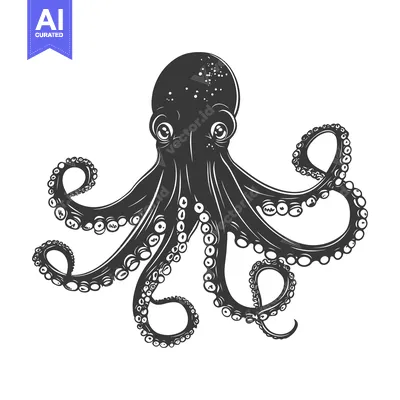 Black and white illustration depicts an octopus with eight tentacles s