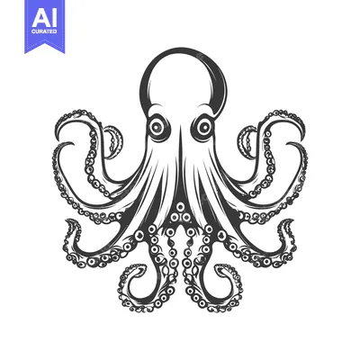 A black and white illustration showing an octopus on white background
