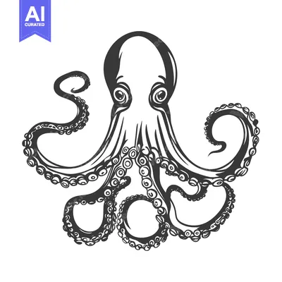 Detailed ink illustration depicting a large eight limbed ocean octopus