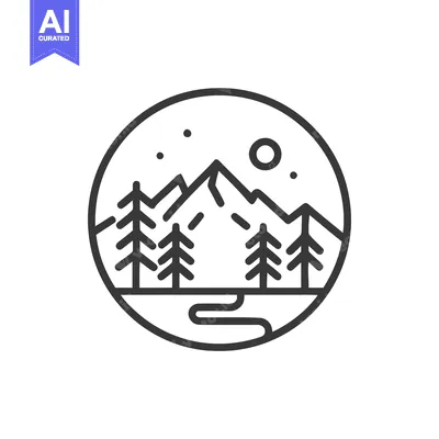 Aset desain premium: Minimalist Mountain Landscape Icon with Trees, River, and Moon in Circ